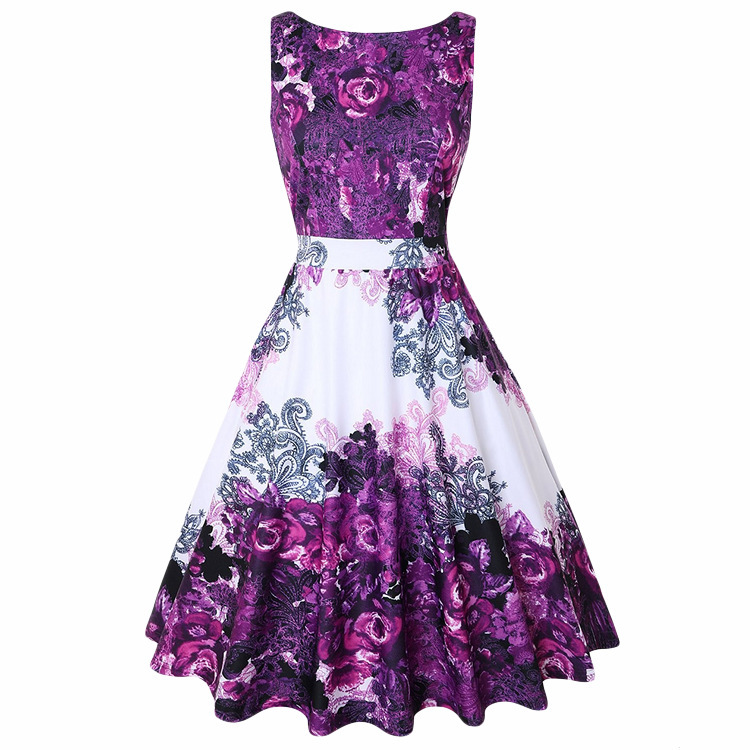 V-Neck Sleeveless High-Rise Flared Vintage Retro Patterned Dress