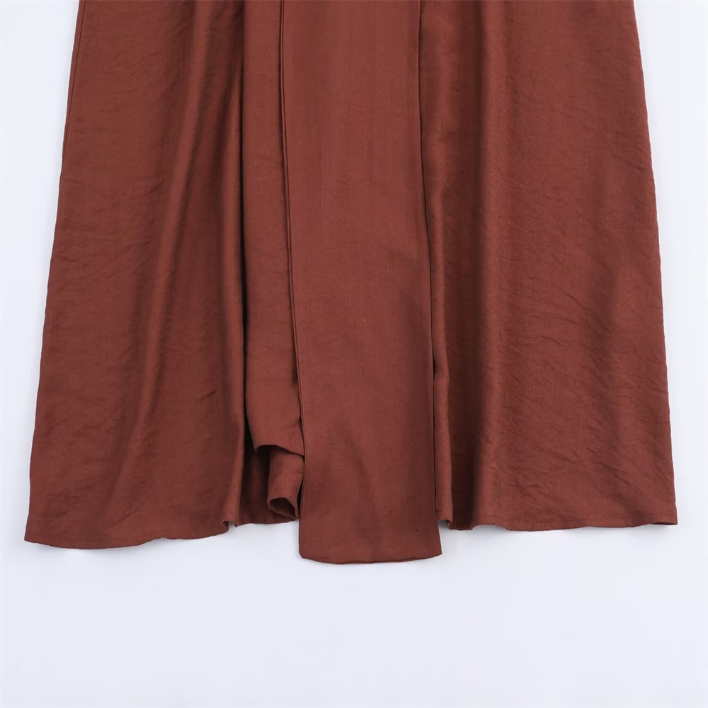 Deep V-neck long sleeved waist cinched pleated long skirt dress for women