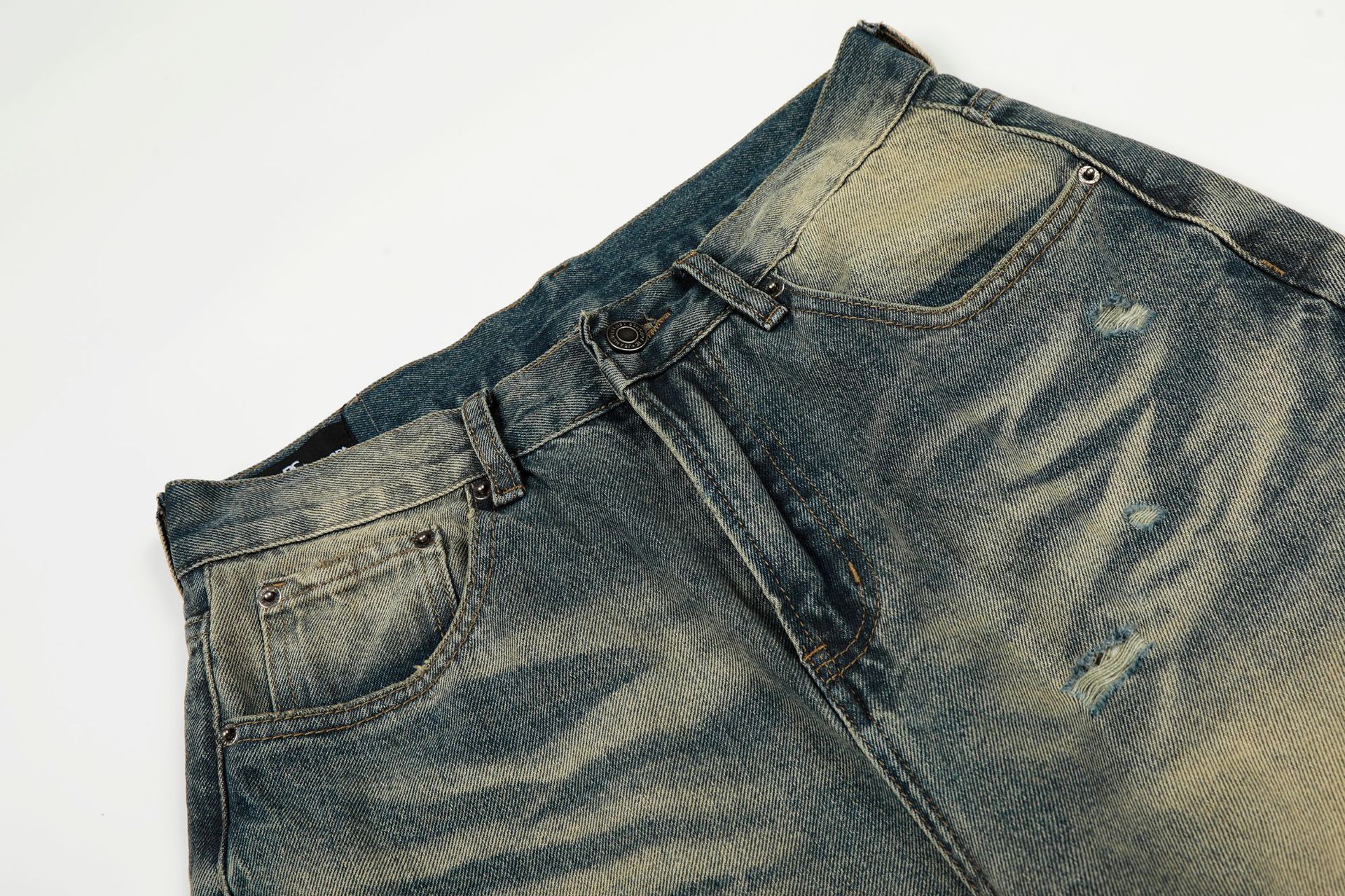 Style Trendy Unisex Street Retro Vintage Blue Cat Whisker Pattern Distressed Design Loose Fit Men's Jeans