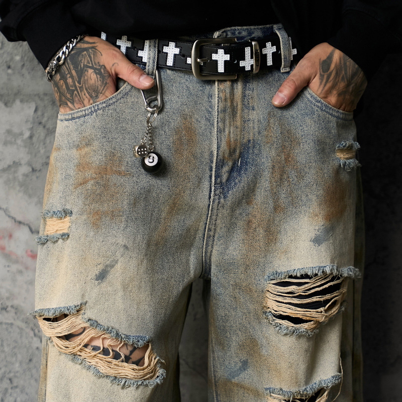 Style Casual Knife-Shape Pants Men Loose Straight Leg Distressed Autumn Fashion Vintage Ripped Jeans