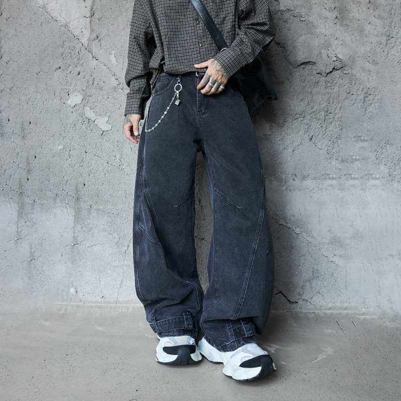 Retro Washed Deconstructed Knife-Edge Denim Pants Unisex Trendy Loose Hip-Hop Wide Leg Pants Black Scythe Style Pants