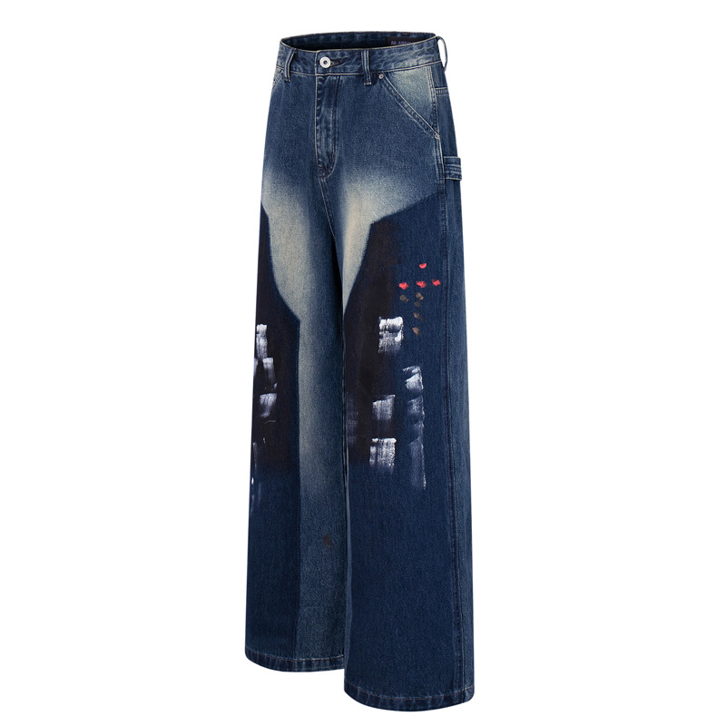Hip-hop Style Dyed Graffiti Denim Pants for Men and Women, High Street Fashion, Straight Leg, Loose Fit, Casual Long Pants