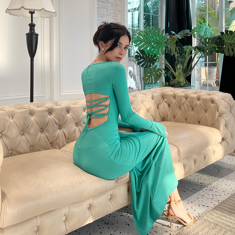 High Waist Bodycon Square Neck Full Sleeve Dress