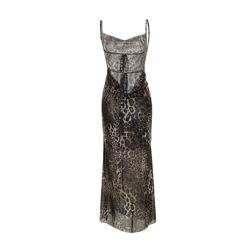 Hooded Sleeveless Leopard Print Open Back Polyester Dress