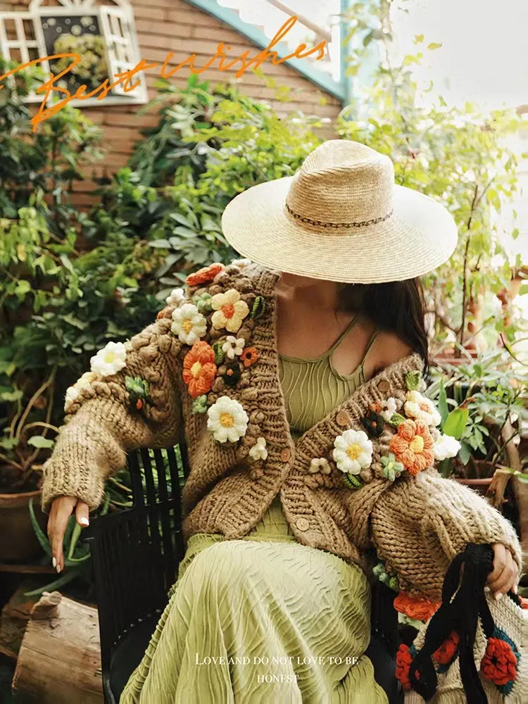Women's Oversized Wool Button Front Floral Cardigan