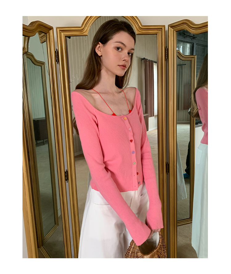 Solid Button Front Scoop Collar Long Sleeve Cardigan