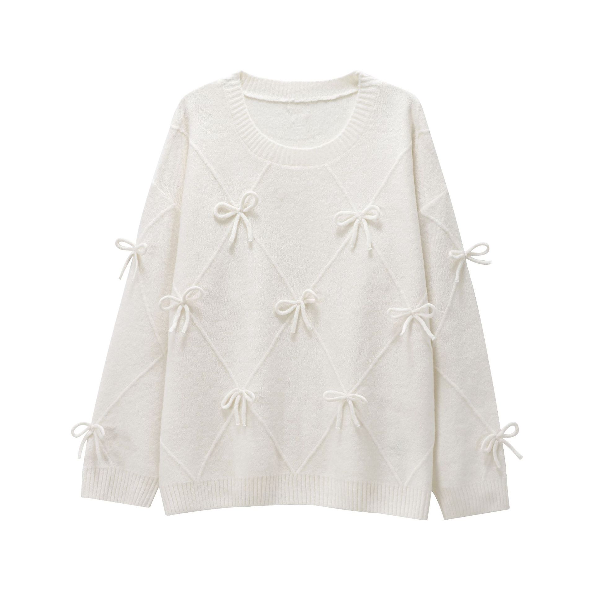 Ladies Solid Crew Ribbon Accent Sweater