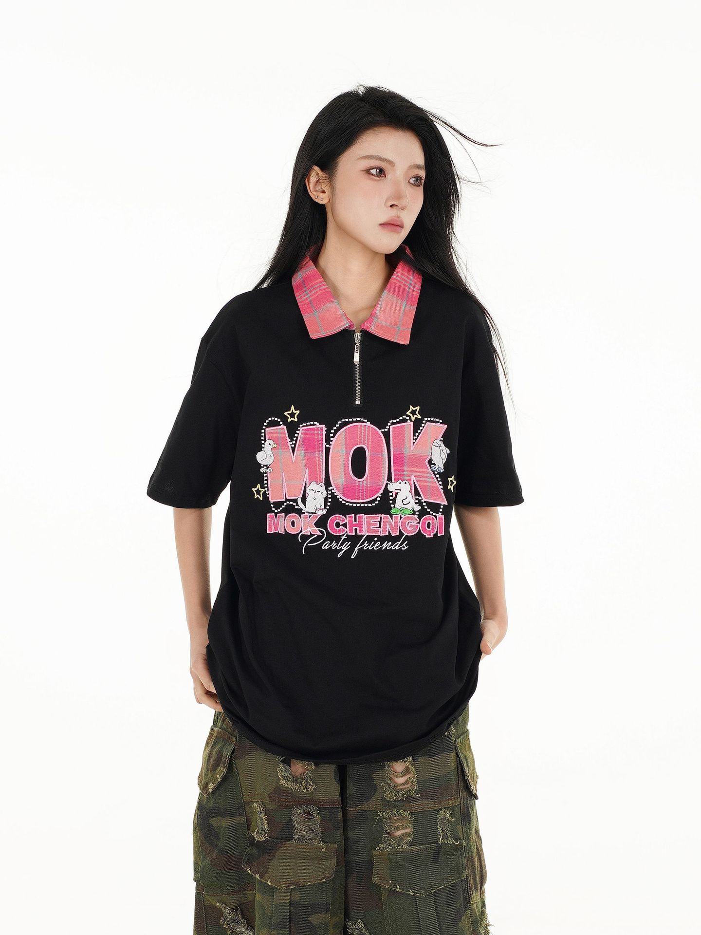 Classic Cotton Letter Lapel Zip Oversized T Shirt