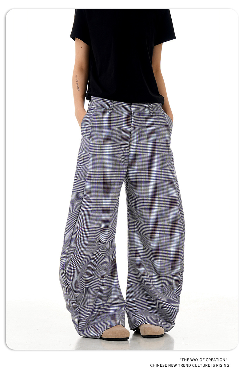 Blue Coffee Plaid Casual Pants Summer Loose Wide Leg Trousers