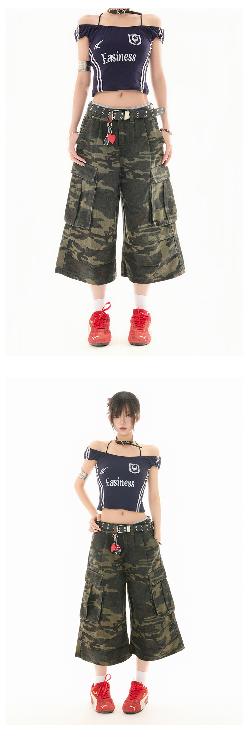 Women's Camouflage Cargo Capri Pants Slim Wide Leg Denim Trousers