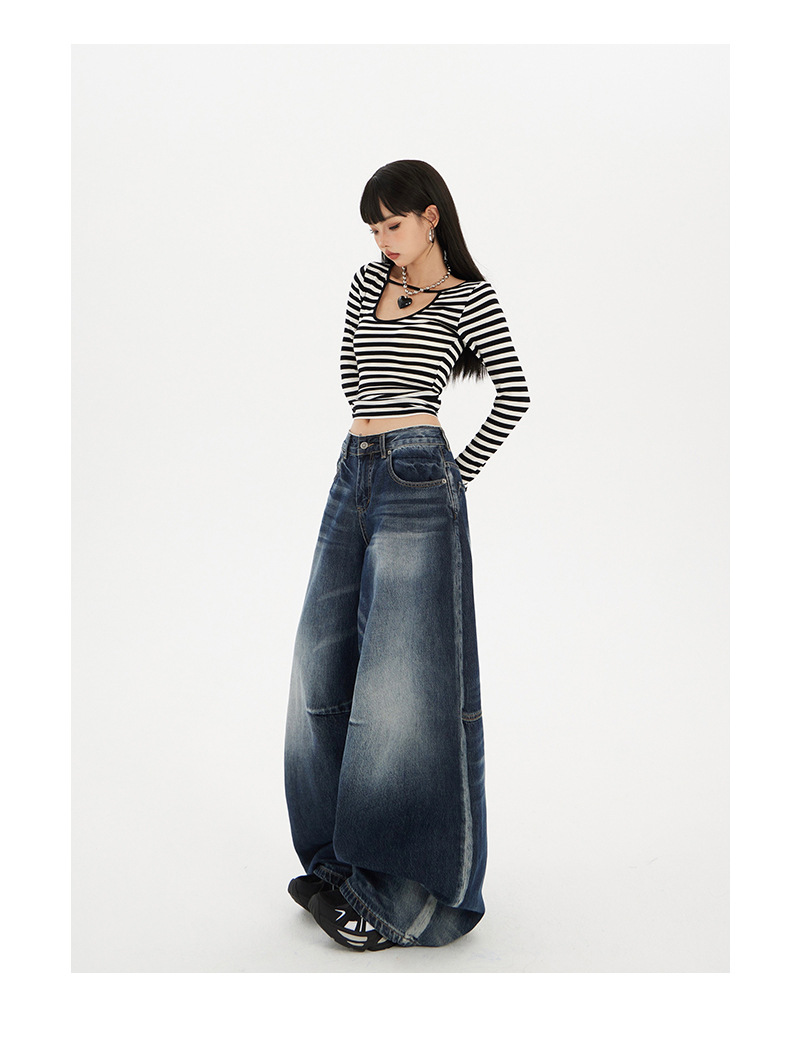 Women's Wide-Leg Jeans Washed Blue Pear-Shaped Slant Pants