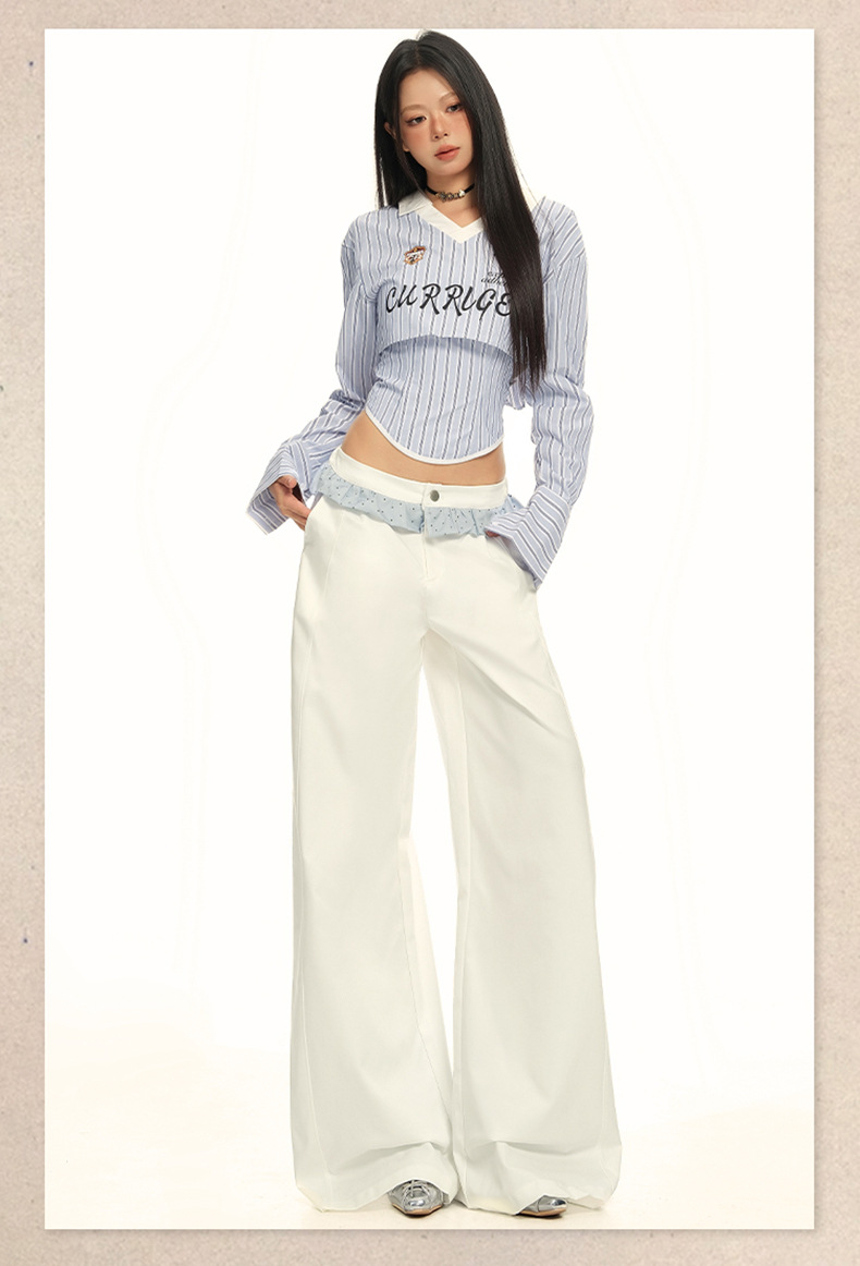 Women's Wide-Leg Casual Pants with White Lace Splicing