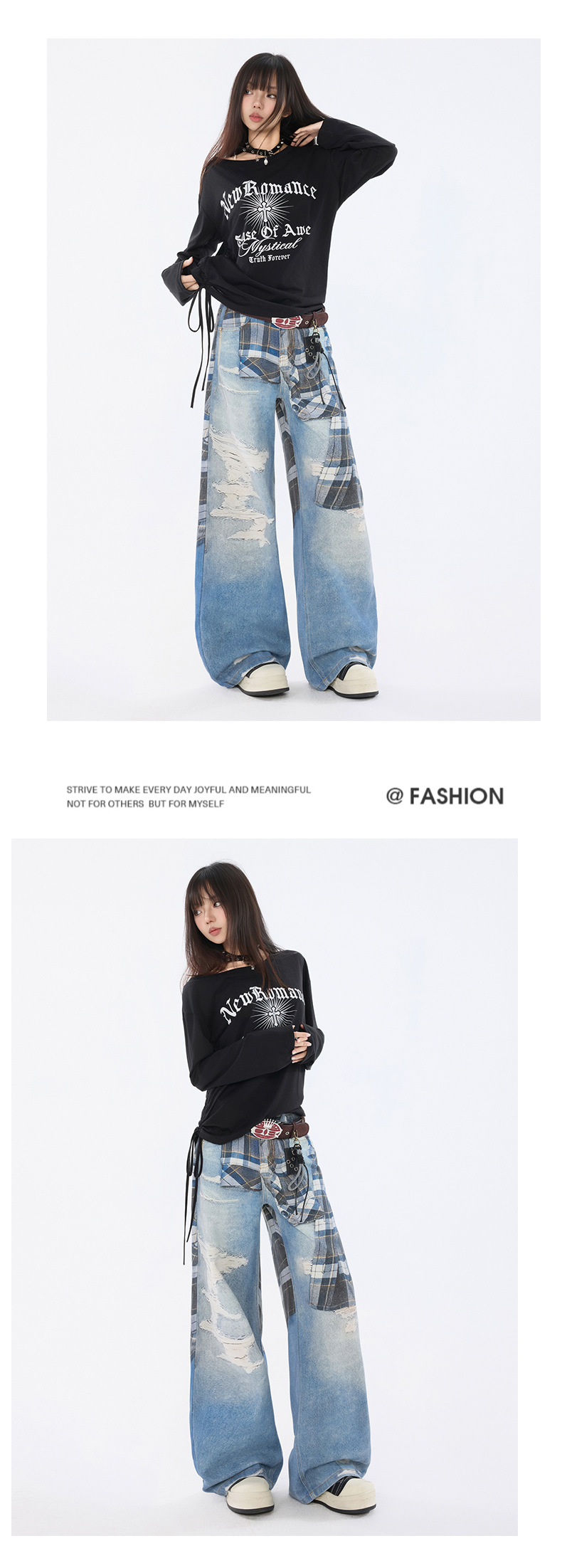 Women's Shirt Belted Printed Denim Pants Straight Leg Trousers Trendy