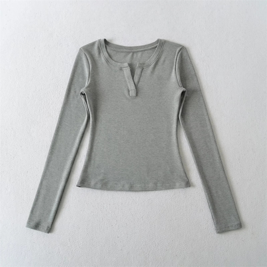 Private Lady Slim Fit Plunge Plain Wrist-Length Tee