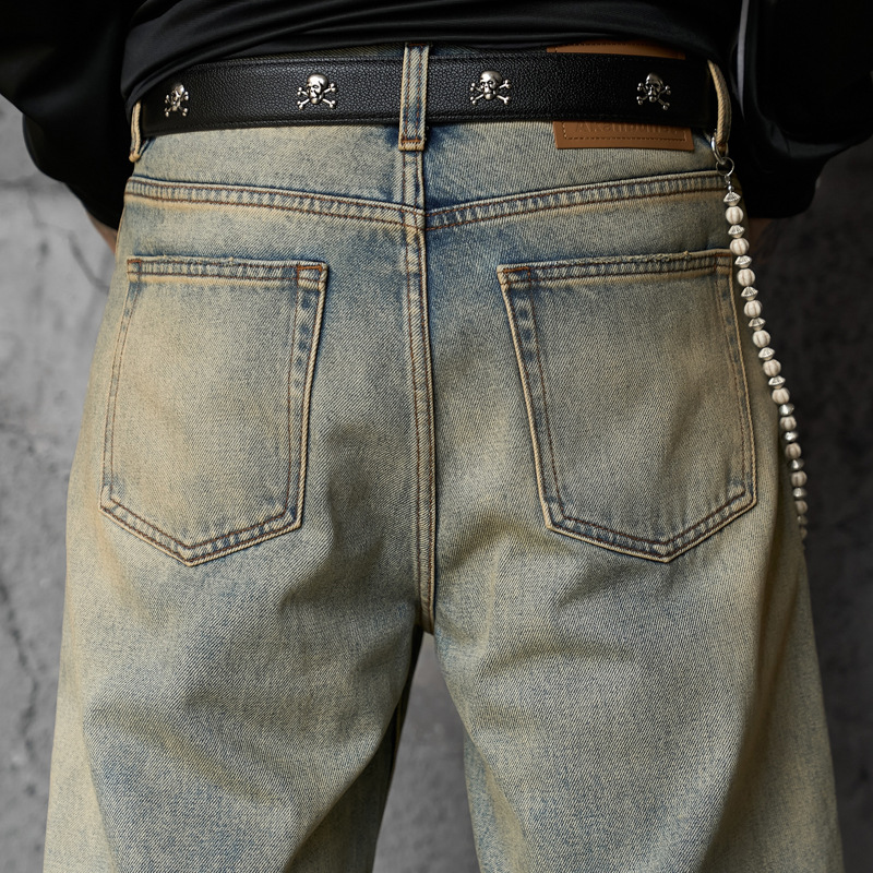 Streetwear Hip-hop Fashion Design Spray Painted Knife Pants for Men Loose Versatile Washed Distressed Denim Jeans