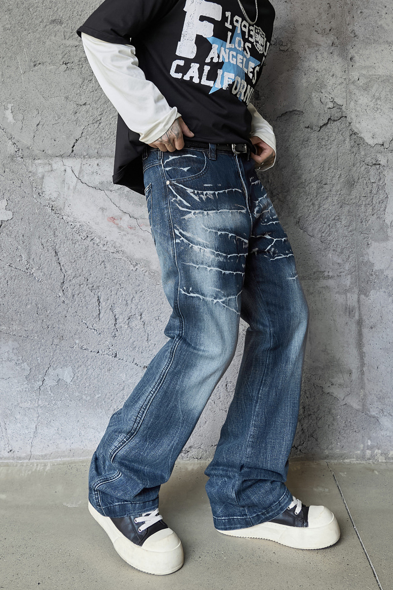 Retro Washed Lightning Pattern Men's Long Pants, INS Autumn Trendy Streetwear, Cool and Versatile Slightly Flared Jeans