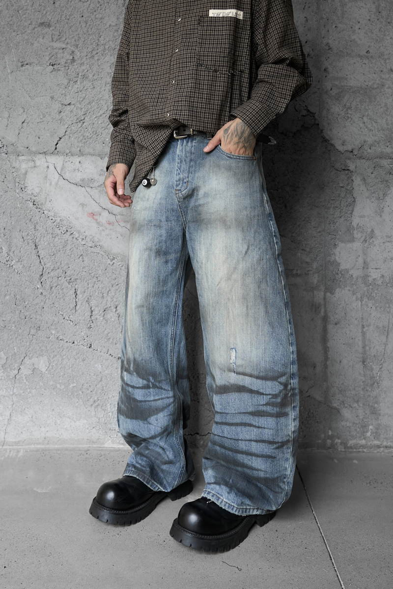 Street Style Vintage Distressed Washed Knife-Edge Denim Pants, Hip-Hop Casual Loose Ripped Straight Leg Jeans