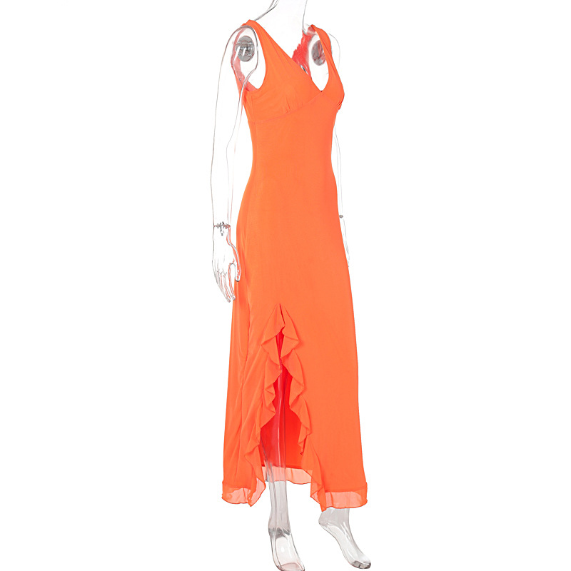 Dark Plunging A-Line Tank Dress with Scalloped Split
