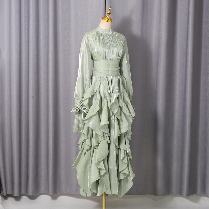 Cotton Blend Fit and Flare Ruffle Maxi Dress