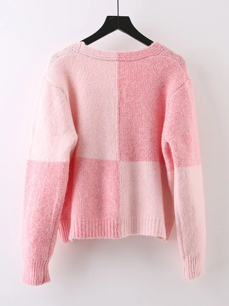 Ladies Oversized Two-Tone Plunge Buttoned Acrylic Sweater