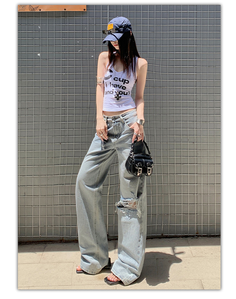 Light Blue Distressed Wide-Leg Jeans Women Retro Design Loose Straight Pants High Street