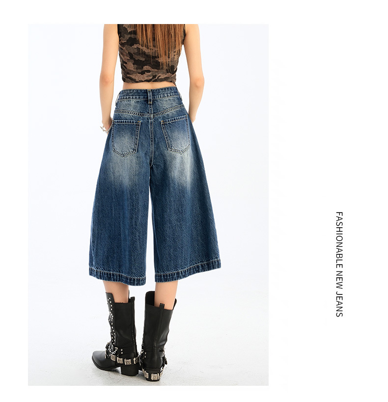 Wide-Leg Seven-Point Denim Pants for Women High-Waist Loose Fit Lazy Style Straight Leg Versatile Mid-Length Trousers