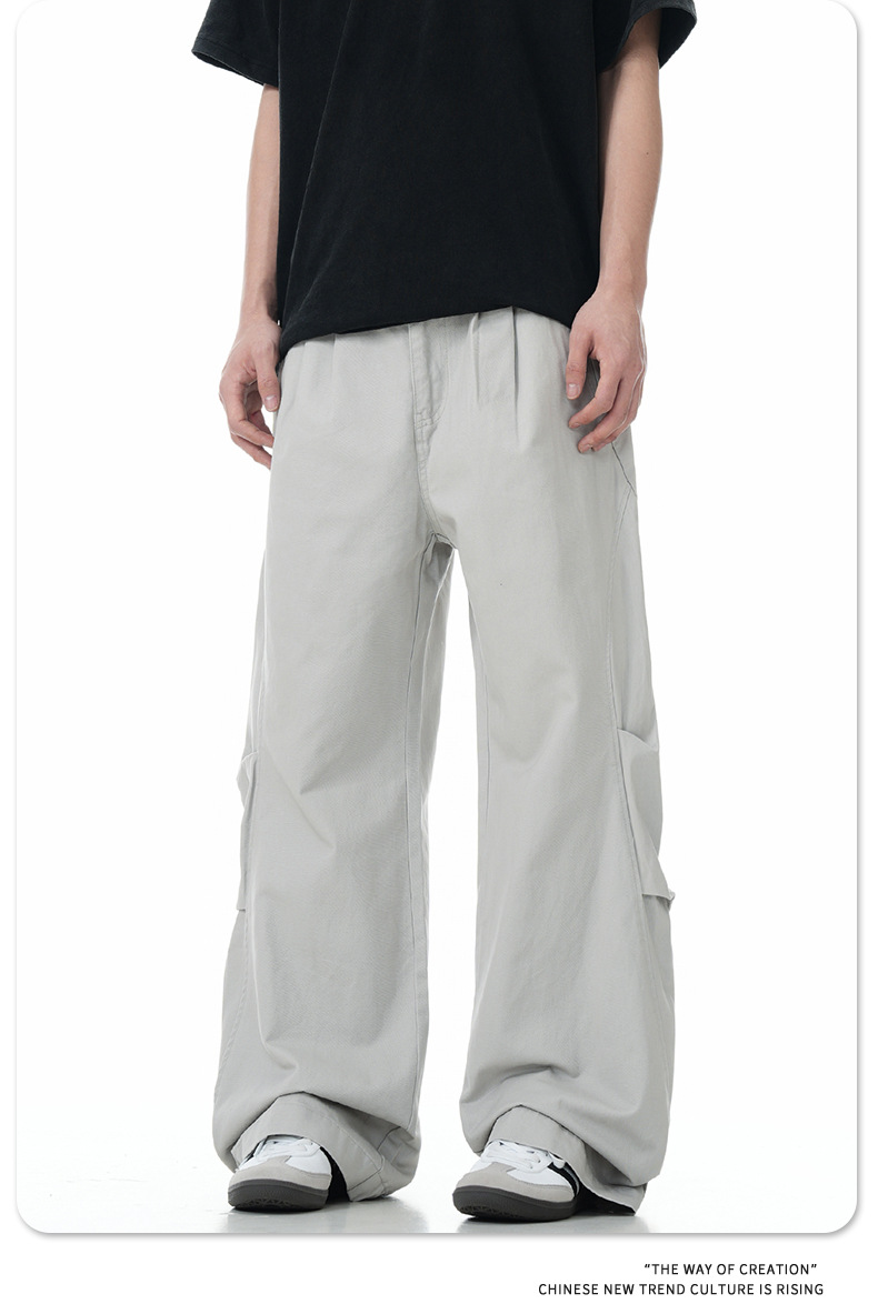 Work Pants Men Simple Cuff Zipper Design Loose Wide Leg Slim Fit Versatile Long Trousers Trendy