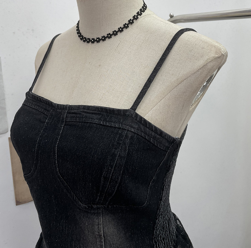Slim Asymmetric Faded Jean Lacy Panel Fringed Bandeau
