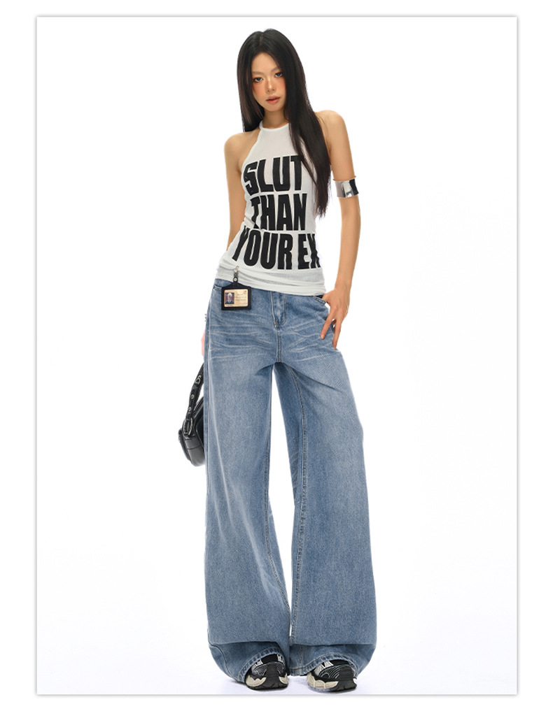 Vintage Washed Crease Wide Leg Pants Women High Waist Loose Slimming Drape Denim Pants Summer New Style