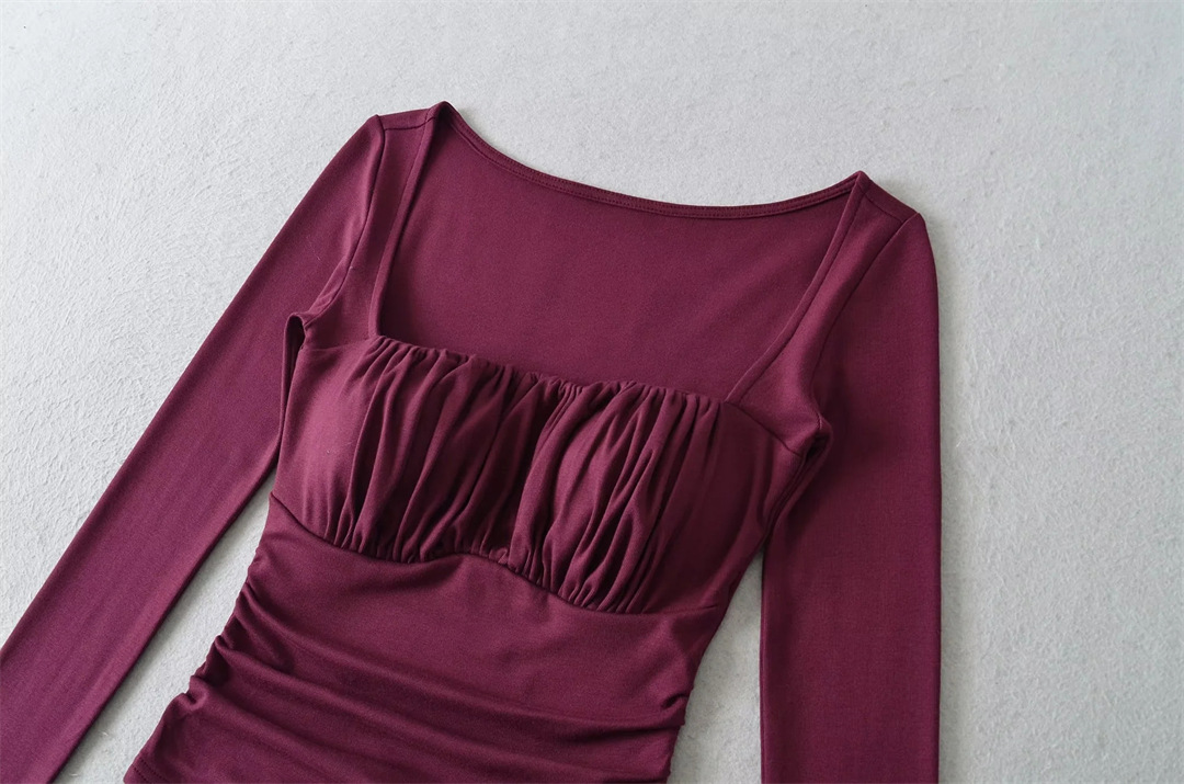 Spicy Wrist-Length Collarbone Cutout Structured Frill Fitted Tee