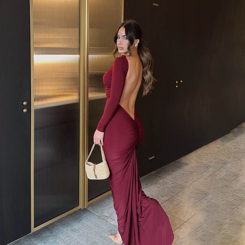 One Shoulder Open Back Full Sleeve Dress
