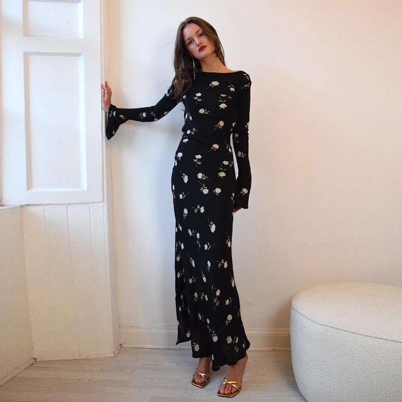 Long One-Shoulder High Waist Patterned Polyester Step-Skirt Dress