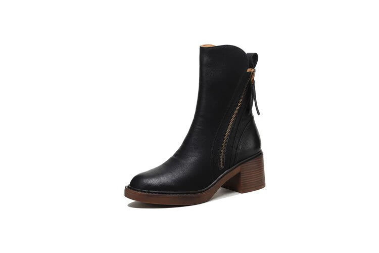 Round headed double zipper thick heel sponge bottom brown retro Martin boots for women
