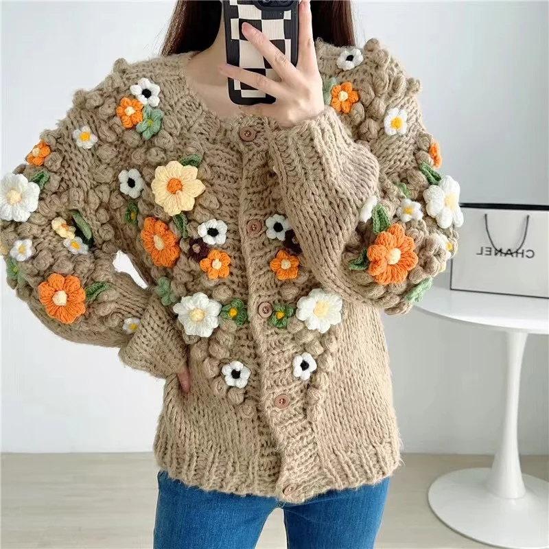 Women's Oversized Wool Button Front Floral Cardigan