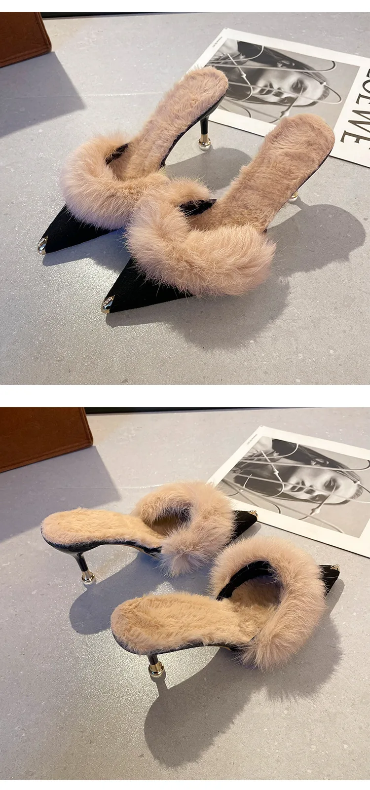 Women High Heel Shoes Fur Slippers Mules Pointed Toe Furry Slides Fashion Elegant Luxury Designer Flip Flops Office Pumps