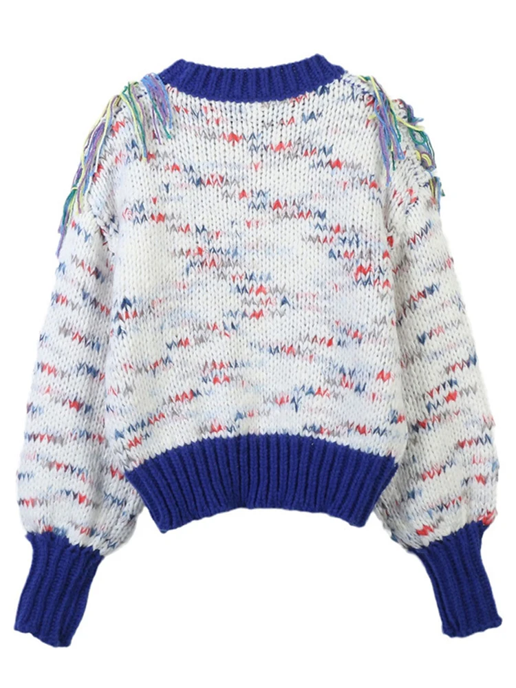 Ladies Contrast Panel Fringe Crew Collar Sweater