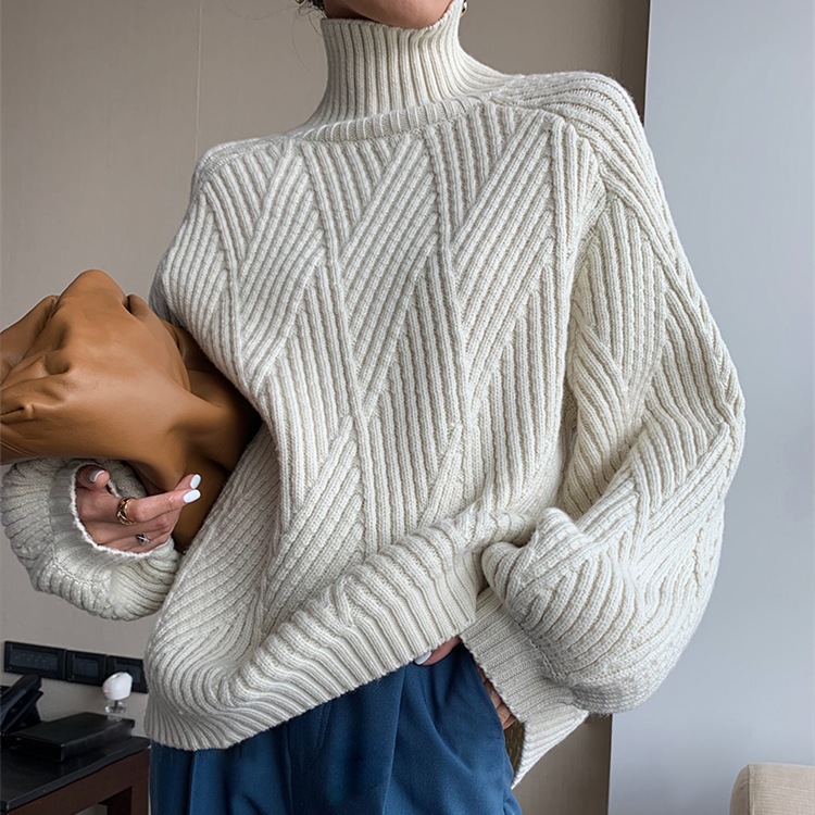 Ladies Polyester Relaxed Fit Patterned High Neck Sweater