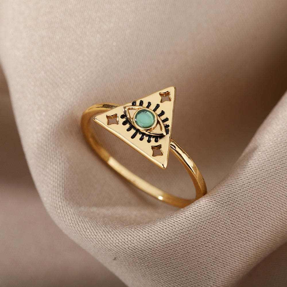 Turkish Zircon Evil Eye Rings For Women Open Adjustbale Gold Plated Stainless Steel Ring Couple Rings Wedding Jewelry Bague