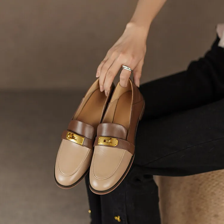 Blapunka Women Genuine Leather Loafers Designer Metal Lock Mix-color Slip-on Flat Shoe Ladies Spring Autumn Casual Comfort Flats