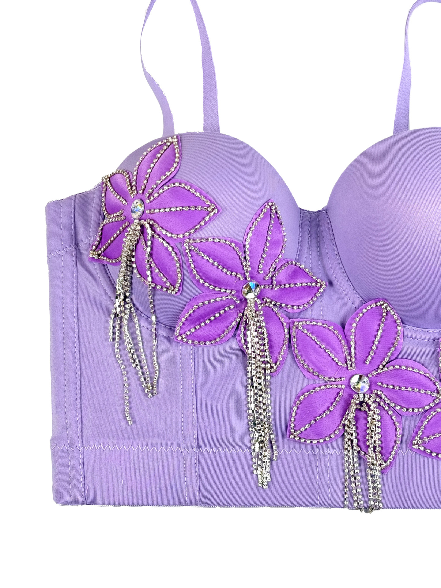 Floral Rhinestone Chain Tassel Boned Bustier Heavy Embroidery Fitted Strapless Camisole Outerwear Sexy Boned Top