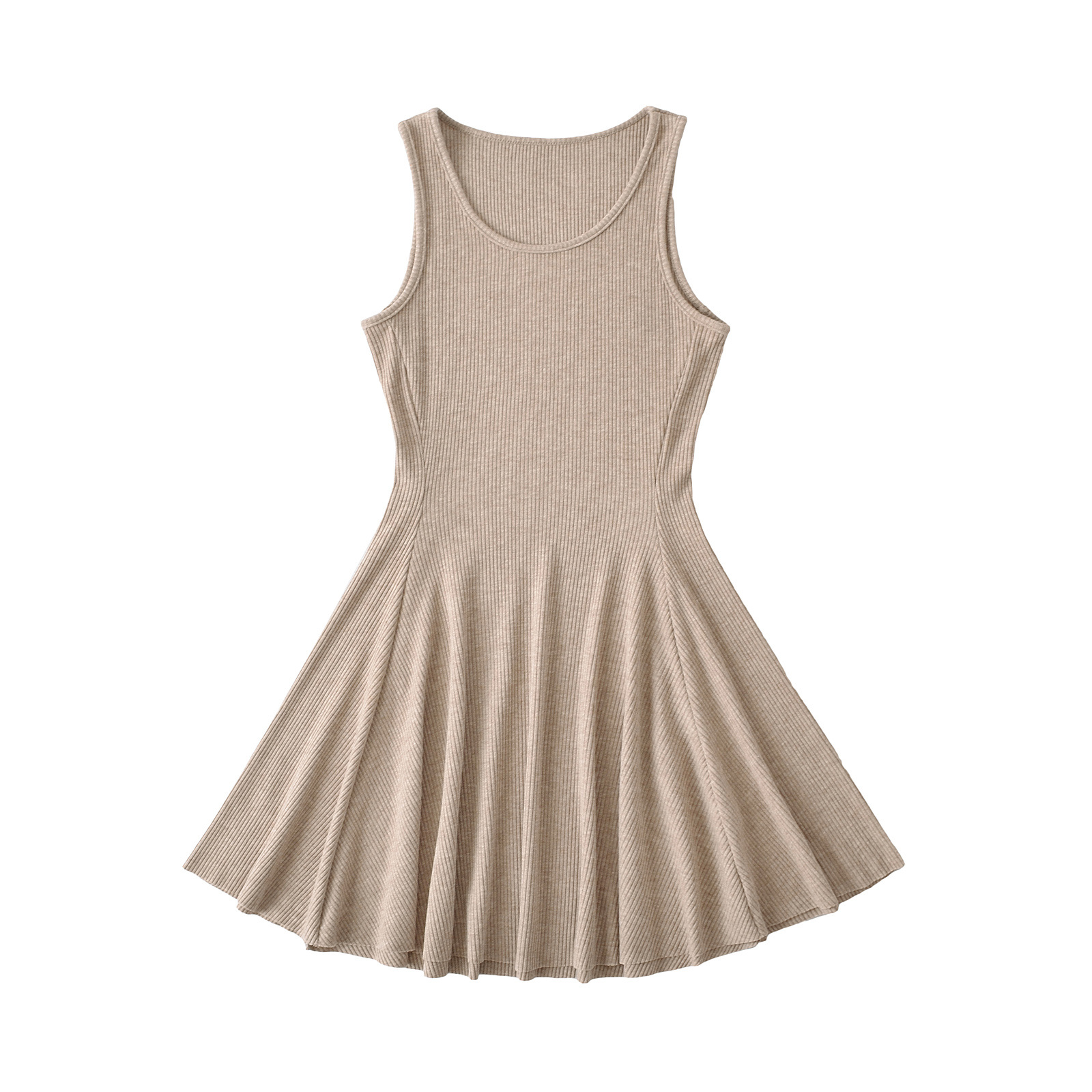 Round Neck Solid Waistline Flared A-Line Dress Short Skirt