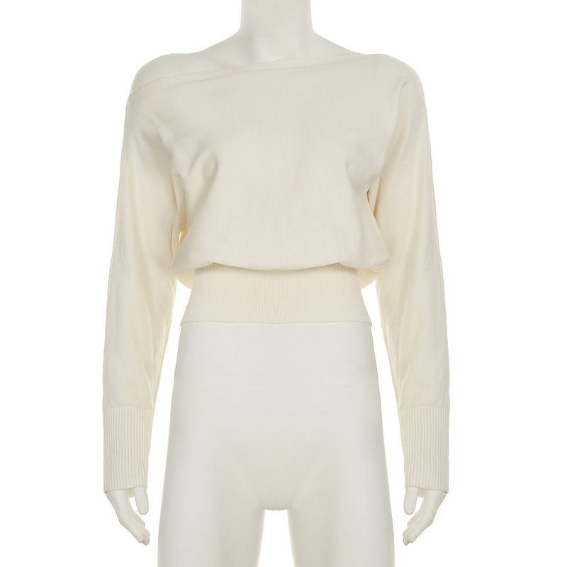 Asymmetric Neckline Fitted Solid Long Sleeve Sweater Top