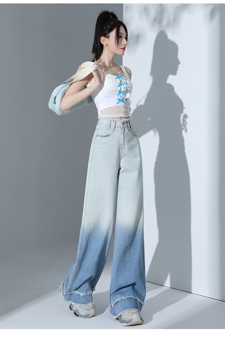 Tencel Gradient Blue Straight Jeans Women Vintage Frayed Design High Waist Drape Wide Leg Pants