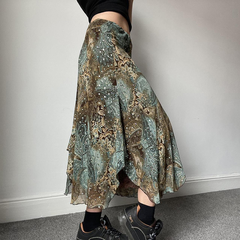 Retro Ink Green Gradient Lace Splicing Printed Skirt Irregular Knitted Midi Skirt Forest Style Girl