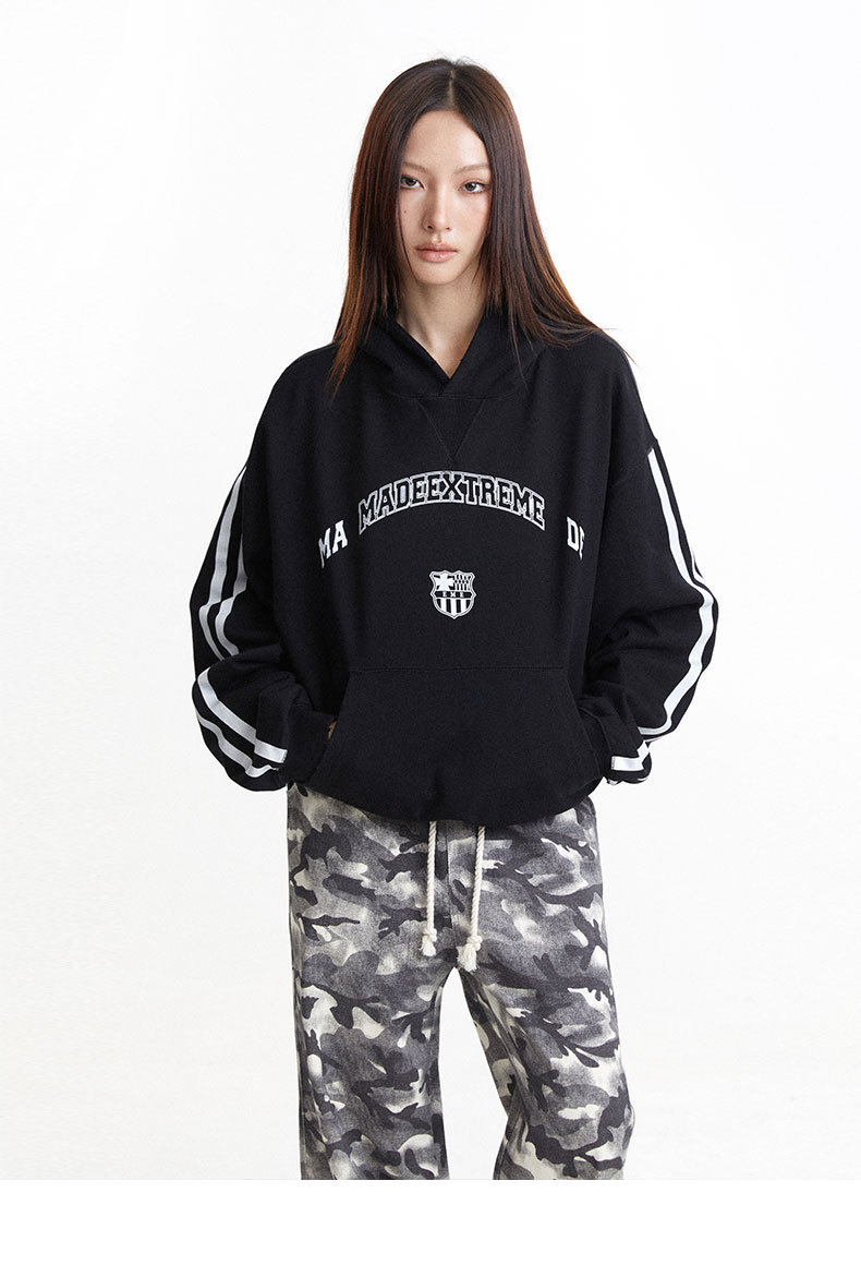 Vintage Letter Print Loose Fit Casual Hooded Sweatshirt