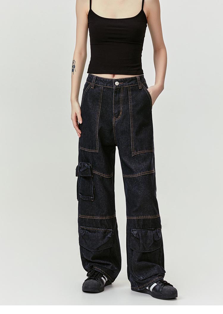 Washed Leg White Faded Multi-Pocket Straight Tapered Jeans Long Pants