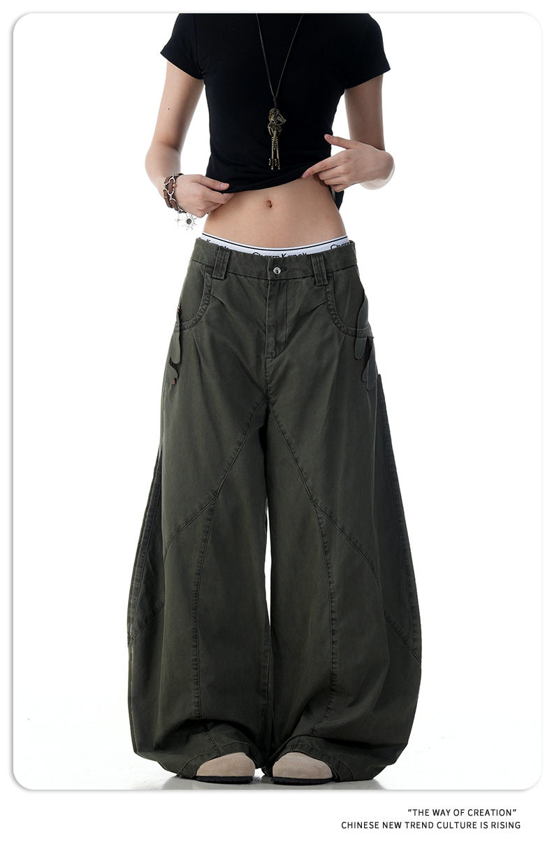 Pants with Washed-Out Pockets for Men and Women Loose Fit Casual Banana Trousers