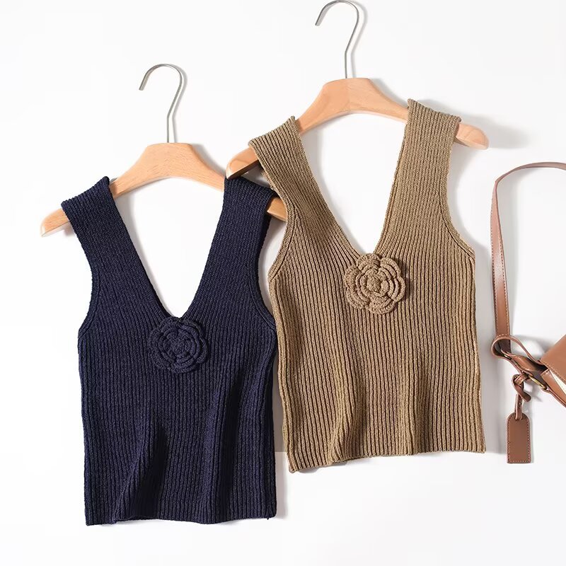 Ladies Plunging Sleeveless 3D Floral Knit Vest