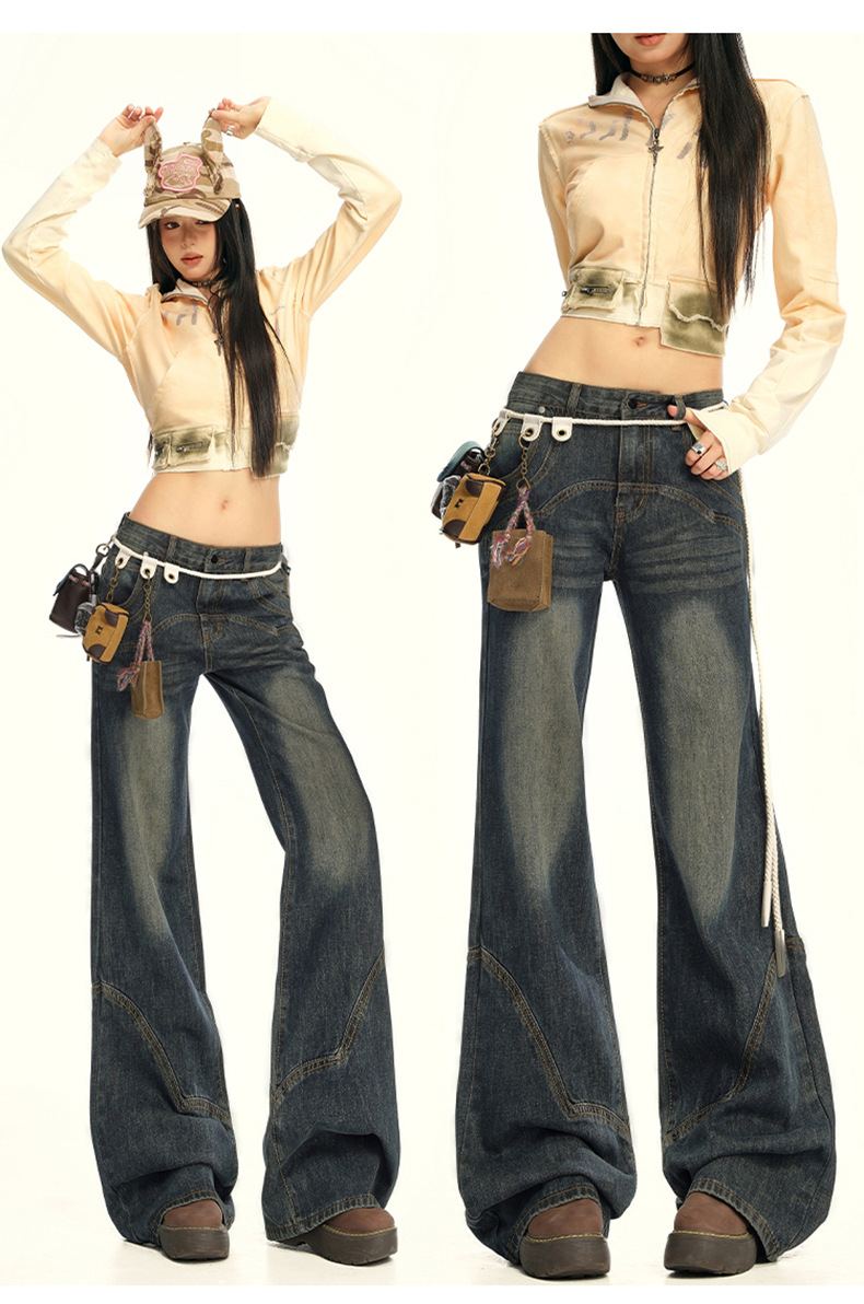 Women's Wide-Leg Jeans with Splicing Retro Design Loose and Slimming Flare Pants