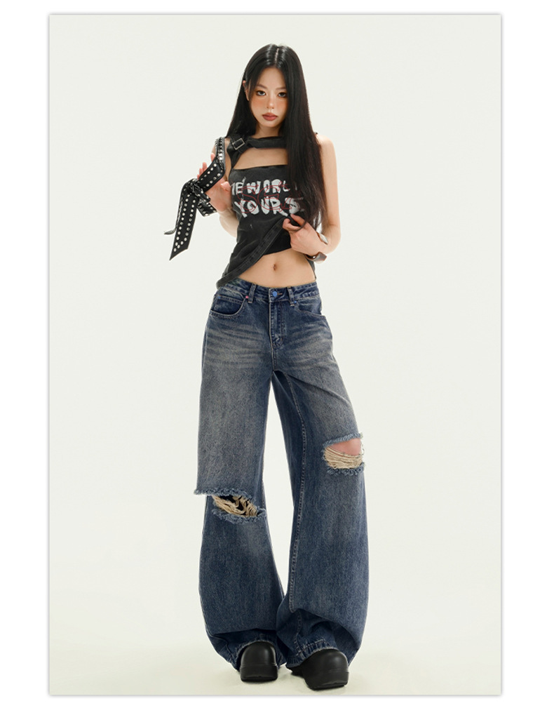 Women's Pocket Print High Waist Wide Leg Pants Summer Loose Slimming Distressed Denim Trousers